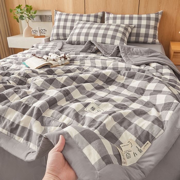 91家纺网 家纺一手货源 找家纺 创优家纺 2025新款无印风格子新疆棉夏被空调被纯棉花被夏被子薄被芯水洗棉包检测 灰中格