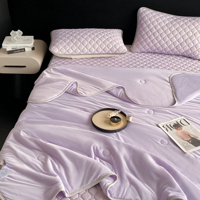 91家纺网 家纺一手货源 找家纺 欧邦 2025新款加厚纯色凉席四件套--凉席三件套 方格-浅紫