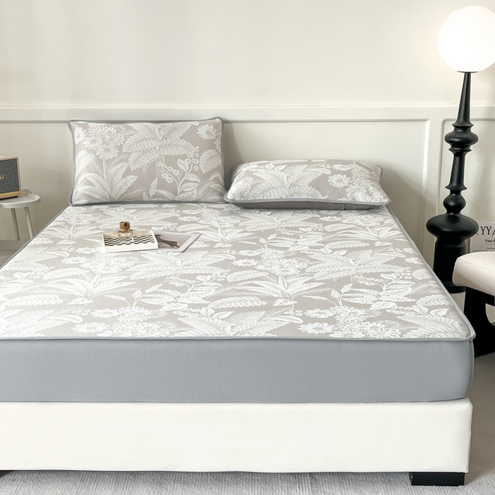 91家纺网 家纺一手货源 找家纺 子曰 2025新款高定版A类PE聚乙烯凉感凉席提花凉席床笠 叶之恋-咖【床笠款】