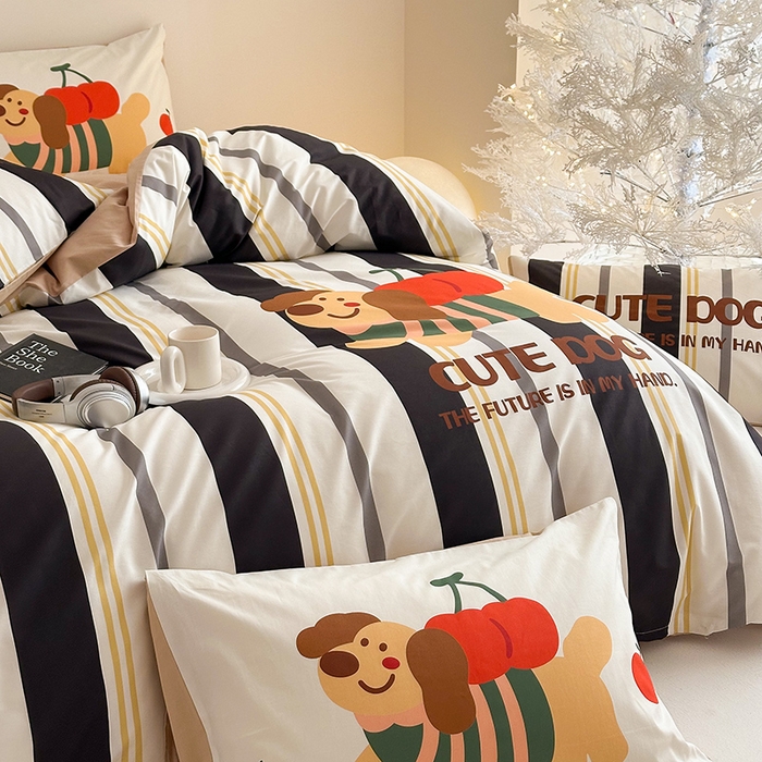 91家纺网 家纺一手货源 找家纺 2025新款全棉大版卡通数码印花纯棉四件套 可爱小狗（黑）