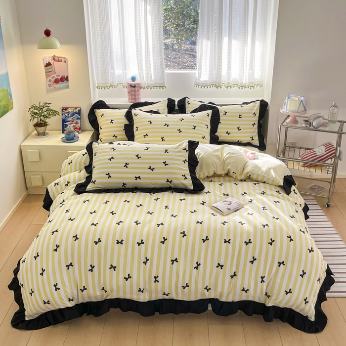 91家纺网 家纺一手货源 找家纺 2025水洗棉花边四件套_9067 蝴蝶结-条纹黄