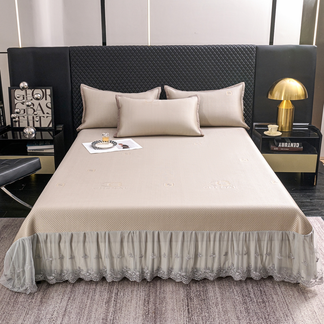 91家纺网 家纺一手货源 找家纺 青雅席业 2025年新款凉感因子母婴级凉感丝豆豆席床裙款 床裙香奈儿-香槟