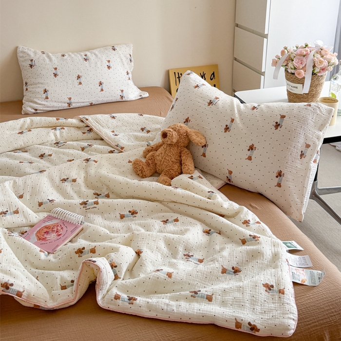 91家纺网 家纺一手货源 找家纺 萝莉家纺 2025新款软软糯糯双层皱皱纱单夏被 夏被四件套 波点狗