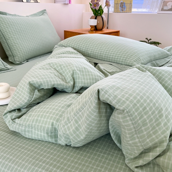 91家纺网 家纺一手货源 找家纺 金窝窝家纺 2025新款纯棉水洗棉四件套 春意盎然淡绿色