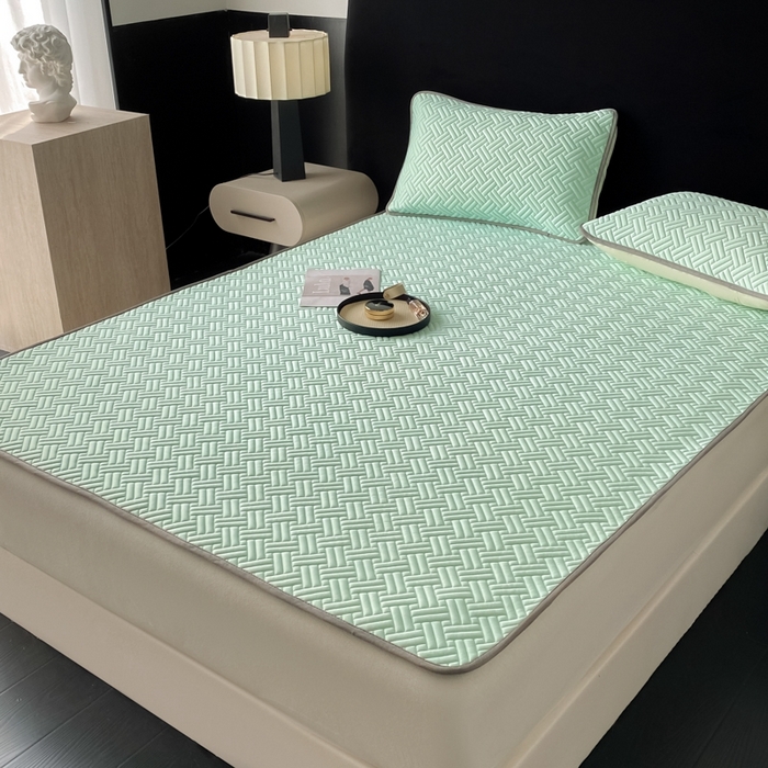 91家纺网 家纺一手货源 找家纺 欧邦 2025新款加厚纯色凉席四件套--凉席三件套 饼干花-水绿