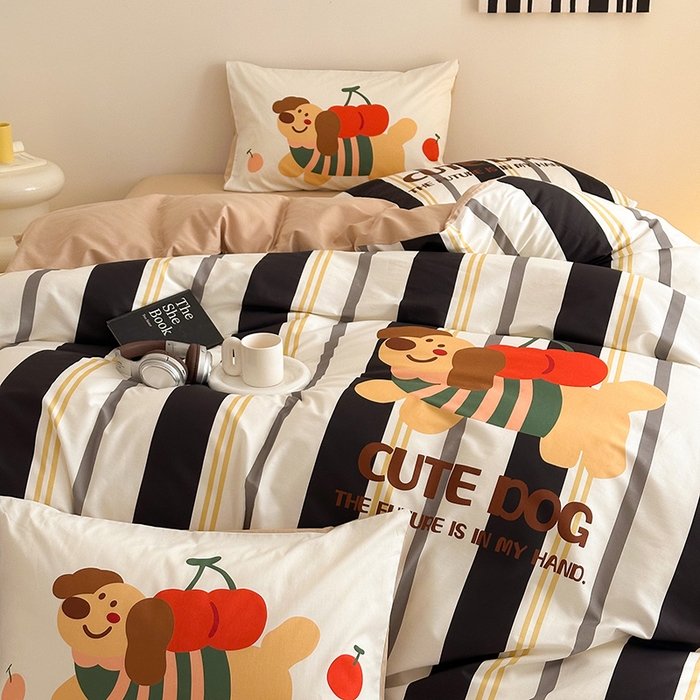 91家纺网 家纺一手货源 找家纺 2025新款全棉大版卡通数码印花纯棉四件套 可爱小狗（黑）