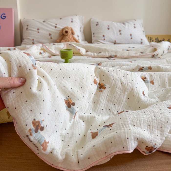 91家纺网 家纺一手货源 找家纺 萝莉家纺 2025新款软软糯糯双层皱皱纱单夏被 夏被四件套 波点狗