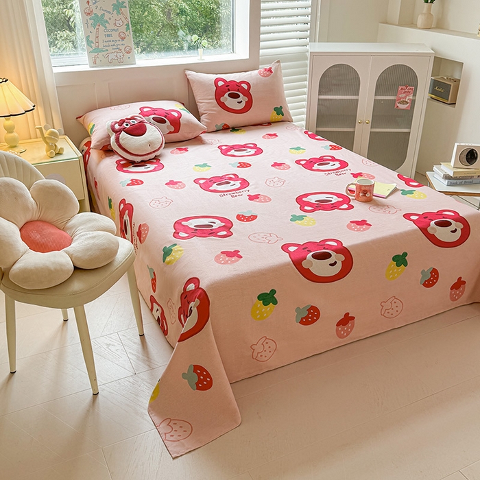 91家纺网 家纺一手货源 找家纺 晓时候 2025原棉老粗布床单凉席三件套软凉席子单床单 草莓熊