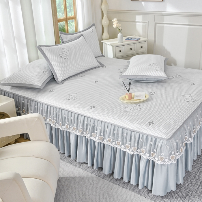 91家纺网 家纺一手货源 找家纺 品乐家纺  2025新款床裙款提花冰豆豆套件凉席席子 灰色