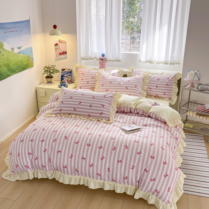 91家纺网 家纺一手货源 找家纺 2025水洗棉花边四件套_9067 蝴蝶结-条纹玉粉