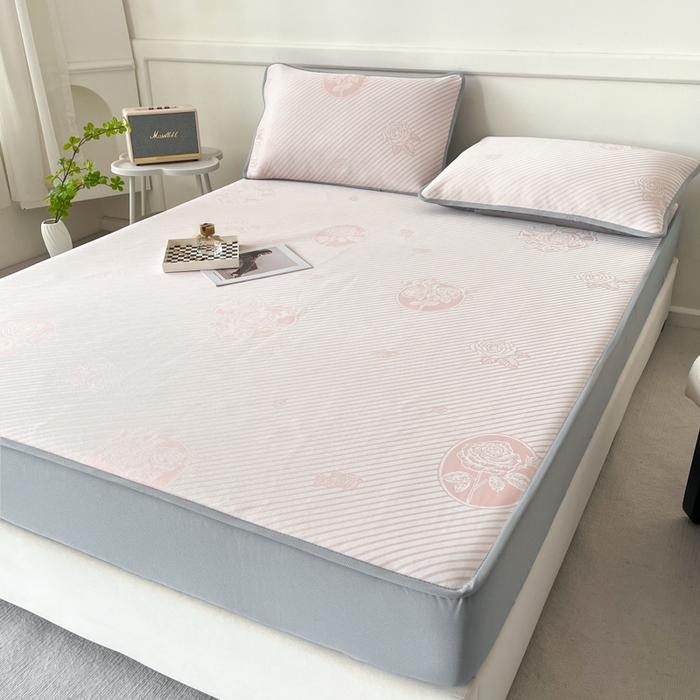 91家纺网 家纺一手货源 找家纺 子曰 2025新款高定版A类PE聚乙烯凉感凉席提花凉席床笠 玫瑰-粉