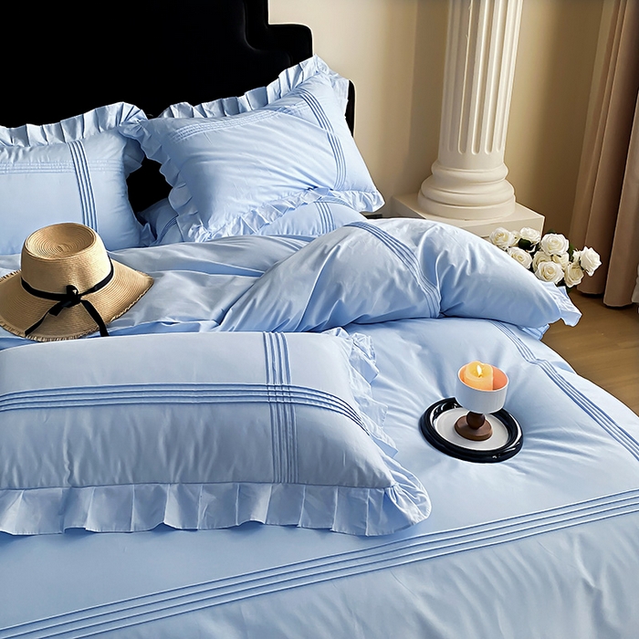 91家纺网 家纺一手货源 找家纺 花香四季家纺 2025新款全棉13376公主风纯棉法式手工立体线条四件套 蔚蓝