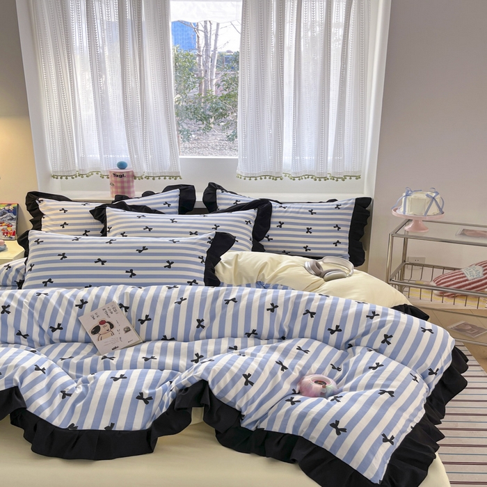 91家纺网 家纺一手货源 找家纺 2025水洗棉花边四件套_9067 蝴蝶结-条纹蓝