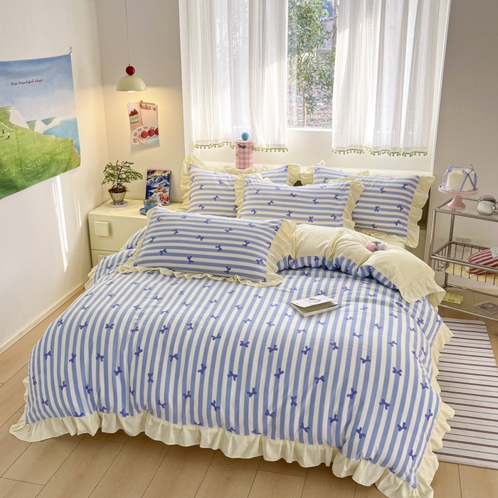 91家纺网 家纺一手货源 找家纺 2025水洗棉花边四件套_9067 蝴蝶结-条纹海蓝