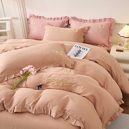 一比一家纺 2025新款全棉双层纱花边刺绣款四件套 奶茶