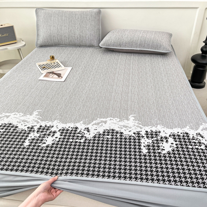 91家纺网 家纺一手货源 找家纺 子曰 2025新款高定版A类PE聚乙烯凉感凉席提花凉席床笠 千鸟格-灰