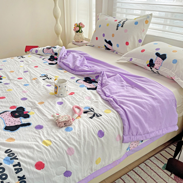 91家纺网 家纺一手货源 找家纺 富艺隆 2025新款水洗棉印花夏被 波点小狗