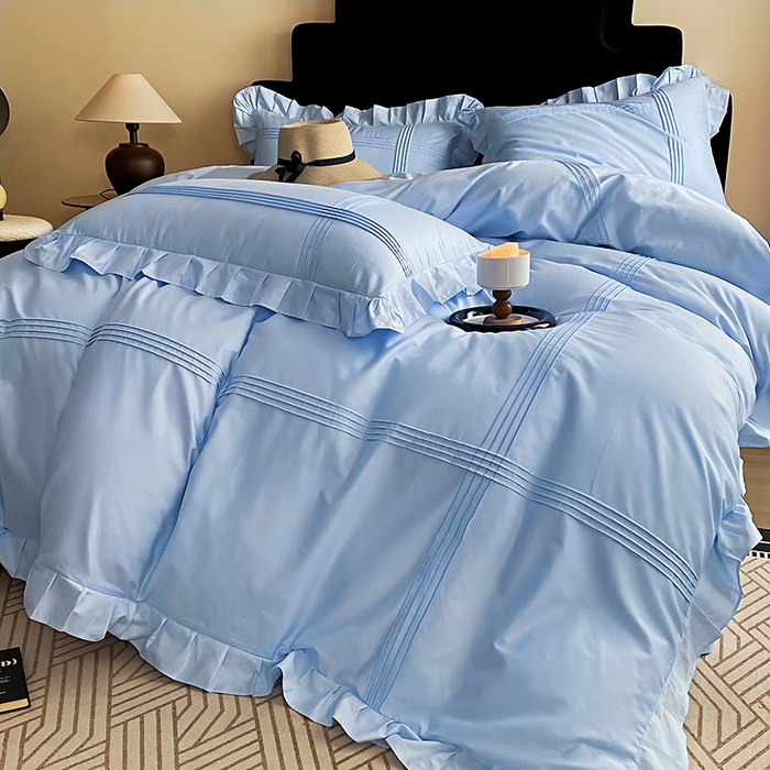 91家纺网 家纺一手货源 找家纺 花香四季家纺 2025新款全棉13376公主风纯棉法式手工立体线条四件套 蔚蓝