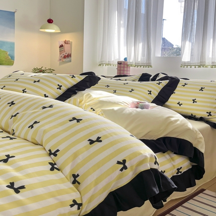 2025水洗棉花边四件套_9067 蝴蝶结-条纹黄