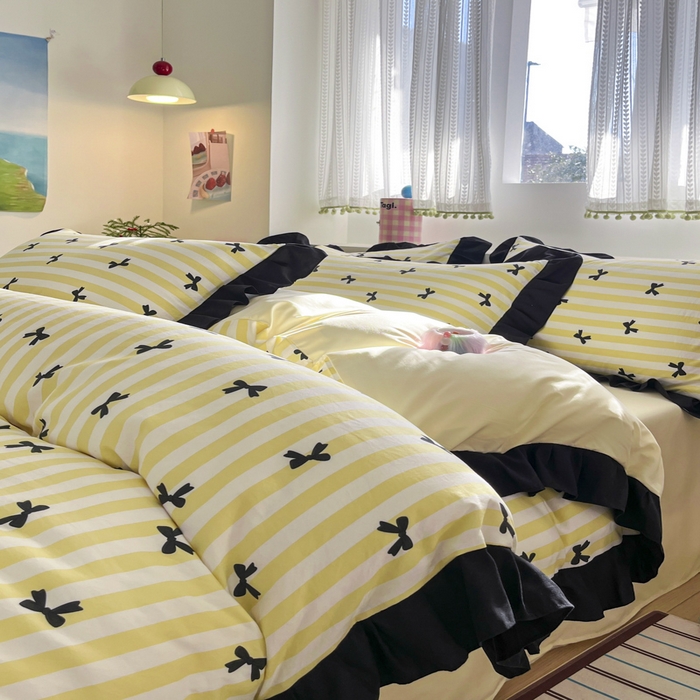 91家纺网 家纺一手货源 找家纺 2025水洗棉花边四件套_9067 蝴蝶结-条纹黄