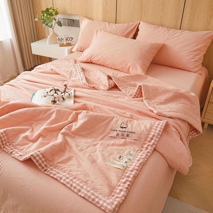 91家纺网 家纺一手货源 找家纺 创优家纺 2025新款无印风格子新疆棉夏被空调被纯棉花被夏被子薄被芯水洗棉包检测 新疆棉-粉色