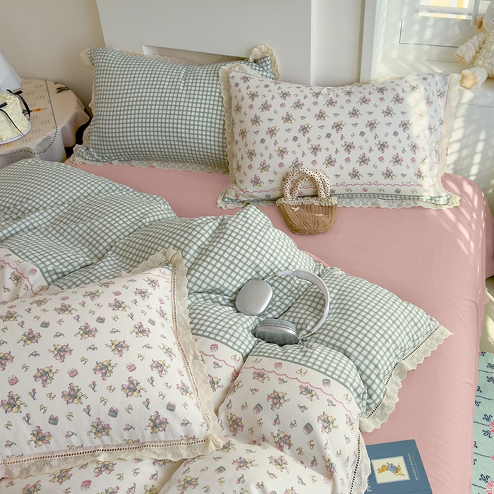 91家纺网 家纺一手货源 找家纺 竹合家纺 2025新款春日碎花法式镂空花边款式提花皱皱四件套 法式-花束蛋糕