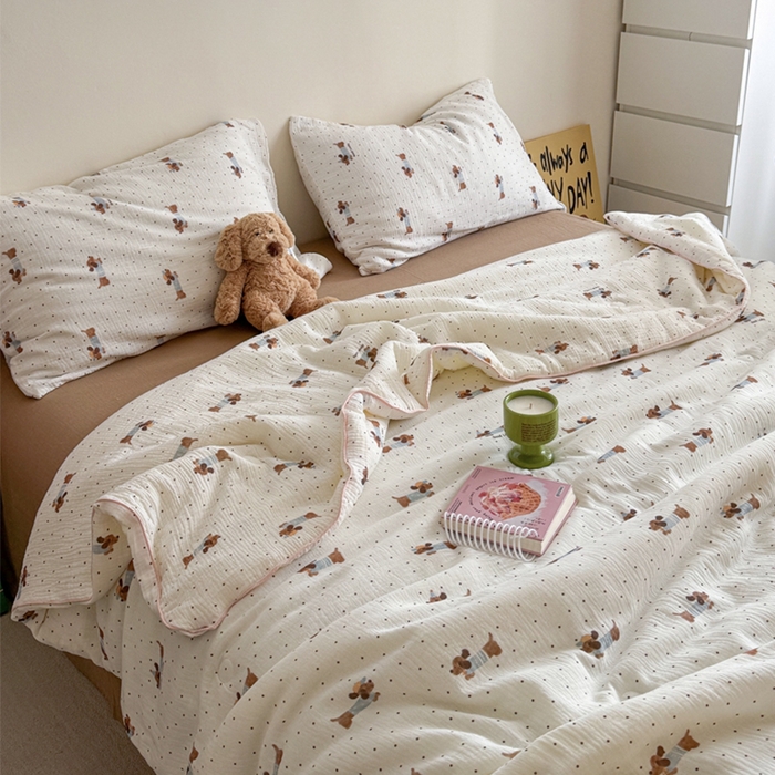 91家纺网 家纺一手货源 找家纺 萝莉家纺 2025新款软软糯糯双层皱皱纱单夏被 夏被四件套 波点狗