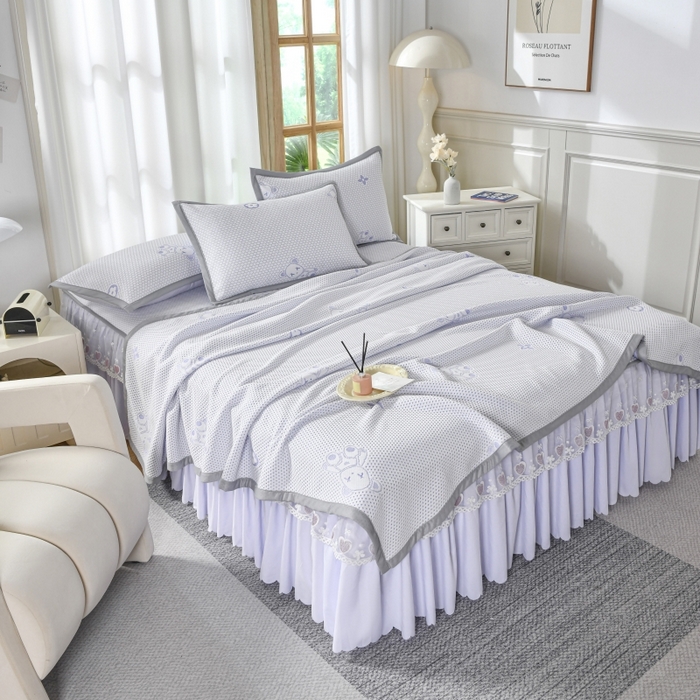 91家纺网 家纺一手货源 找家纺 品乐家纺  2025新款床裙款提花冰豆豆套件凉席席子 浅紫