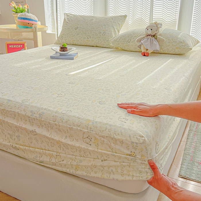 91家纺网 家纺一手货源 找家纺 眠帛家居 2025新款A类水洗皱皱纱印花床笠 乖巧猫咪