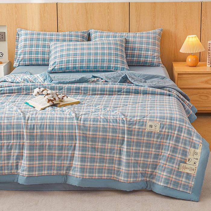 91家纺网 家纺一手货源 找家纺 创优家纺 2025新款无印风格子新疆棉夏被空调被纯棉花被夏被子薄被芯水洗棉包检测 印象蓝