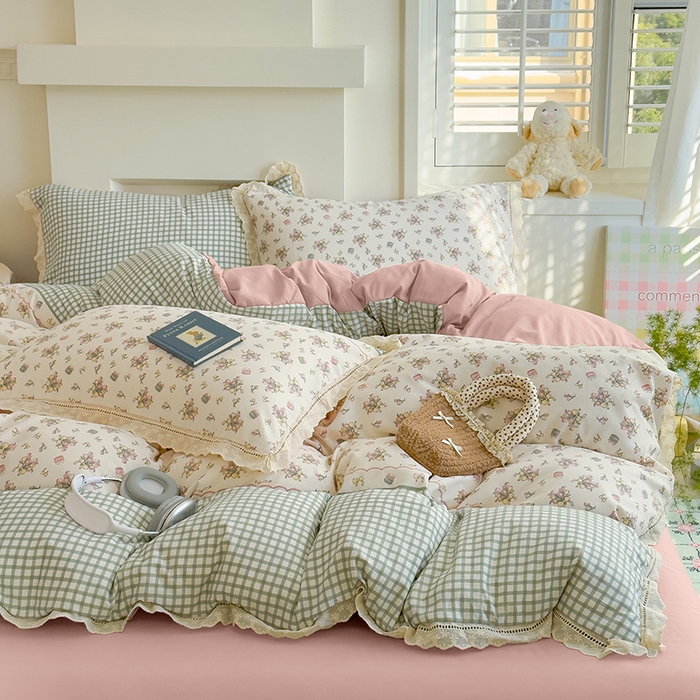 91家纺网 家纺一手货源 找家纺 竹合家纺 2025新款春日碎花法式镂空花边款式提花皱皱四件套 法式-花束蛋糕