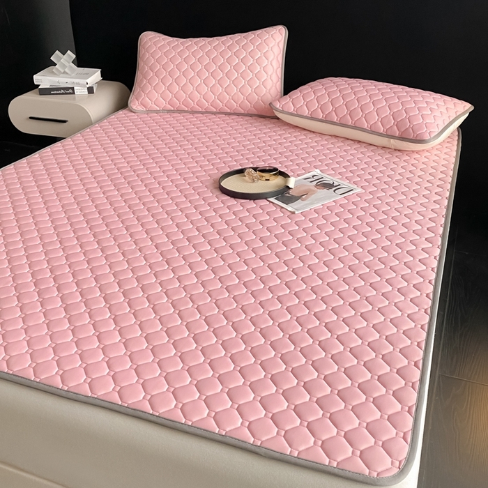 91家纺网 家纺一手货源 找家纺 欧邦 2025新款加厚纯色凉席四件套--凉席三件套 方格-豆粉