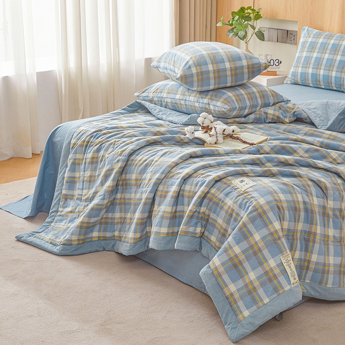 91家纺网 家纺一手货源 找家纺 创优家纺 2025新款无印风格子新疆棉夏被空调被纯棉花被夏被子薄被芯水洗棉包检测 简兮蓝