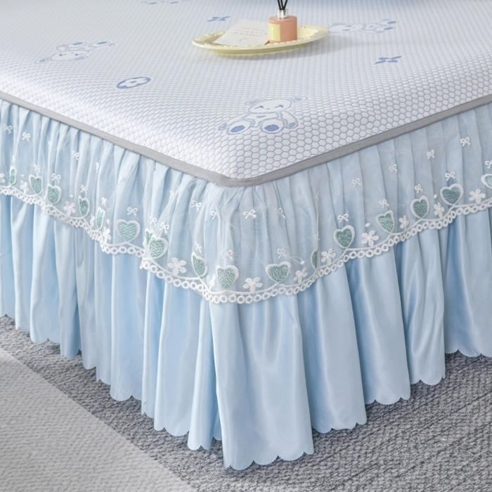 91家纺网 家纺一手货源 找家纺 品乐家纺  2025新款床裙款提花冰豆豆套件凉席席子 蓝色