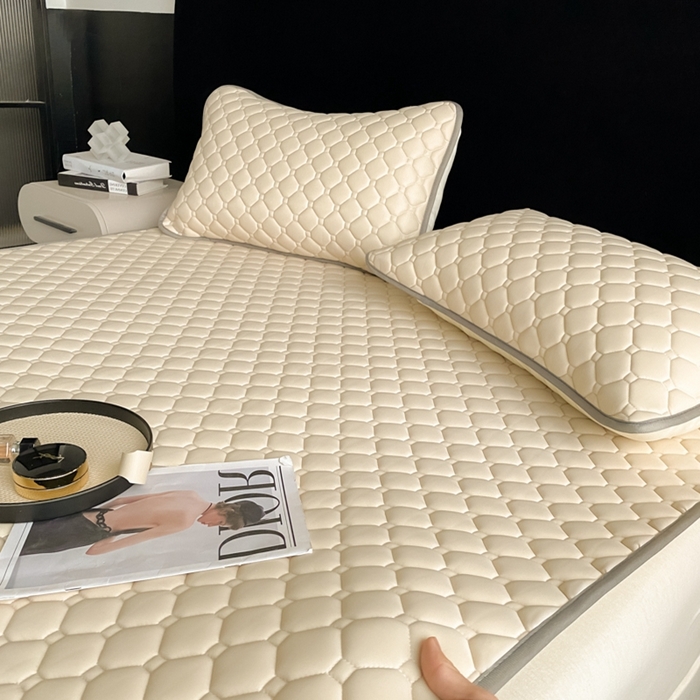 91家纺网 家纺一手货源 找家纺 欧邦 2025新款加厚纯色凉席四件套--凉席三件套 方格-米杏