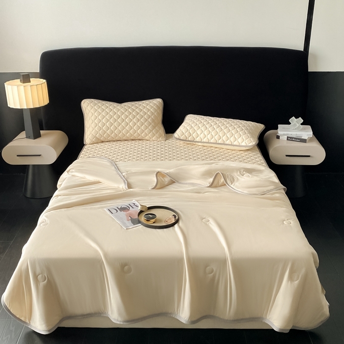 91家纺网 家纺一手货源 找家纺 欧邦 2025新款加厚纯色凉席四件套--凉席三件套 方格-米杏