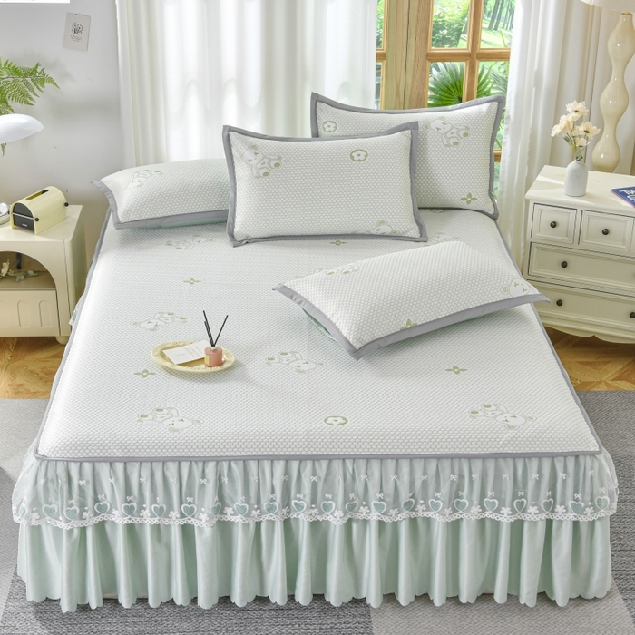 91家纺网 家纺一手货源 找家纺 品乐家纺  2025新款床裙款提花冰豆豆套件凉席席子 绿色