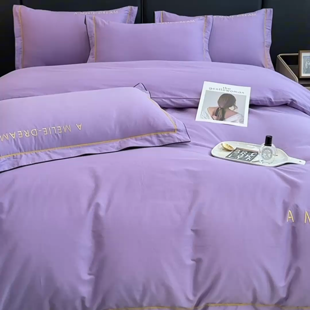 91家纺网 家纺一手货源 找家纺 宇彬家纺 2025新款直播热款13374全棉母婴级压线一字绣宽边枕套被套纯色滚边麻绳四件套贡缎新疆长绒 梦系列-曲雅紫
