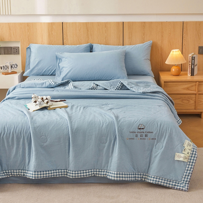 91家纺网 家纺一手货源 找家纺 创优家纺 2025新款无印风格子新疆棉夏被空调被纯棉花被夏被子薄被芯水洗棉包检测 新疆棉-蓝色