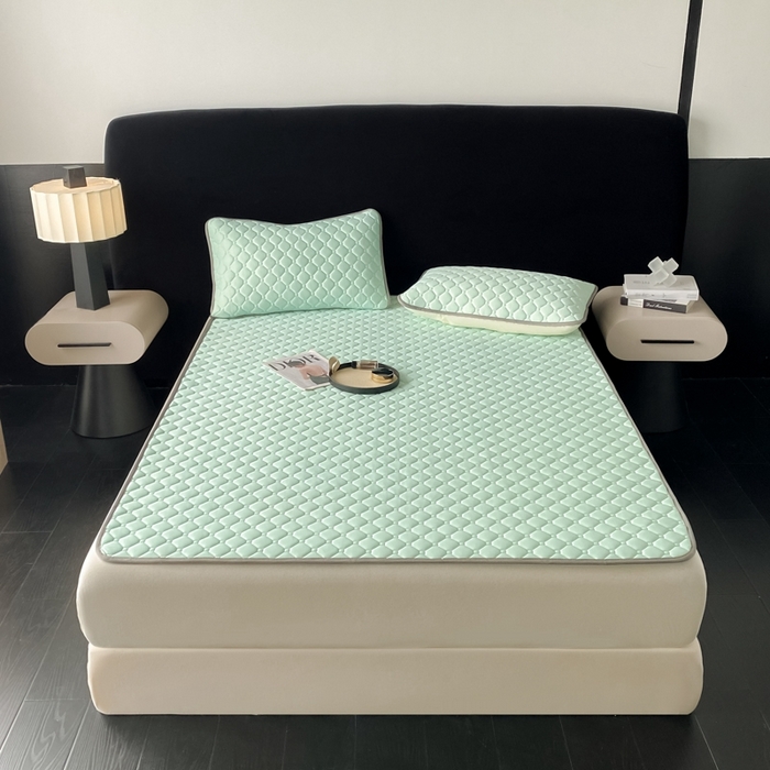 91家纺网 家纺一手货源 找家纺 欧邦 2025新款加厚纯色凉席四件套--凉席三件套 方格-水绿