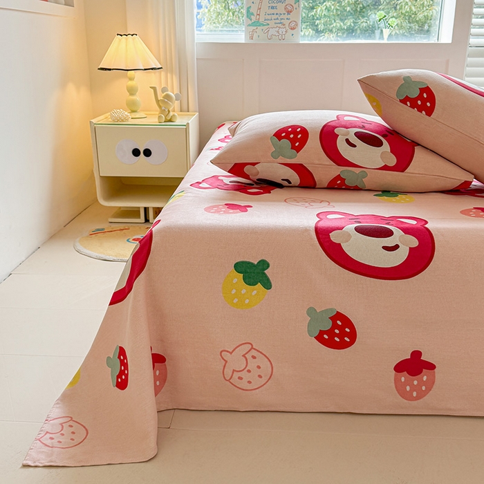 91家纺网 家纺一手货源 找家纺 晓时候 2025原棉老粗布床单凉席三件套软凉席子单床单 草莓熊