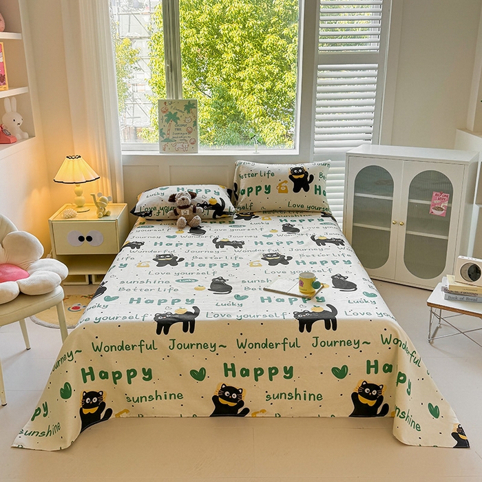 91家纺网 家纺一手货源 找家纺 晓时候 2025原棉老粗布床单凉席三件套软凉席子单床单 幸运黑喵