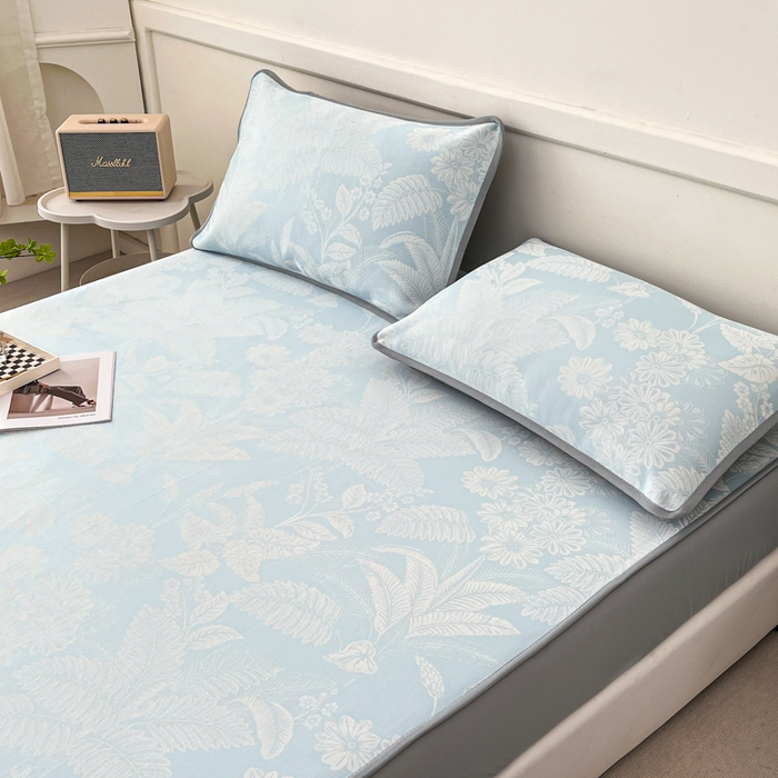 91家纺网 家纺一手货源 找家纺 子曰 2025新款高定版A类PE聚乙烯凉感凉席提花凉席床笠 叶之恋-蓝【床笠款】