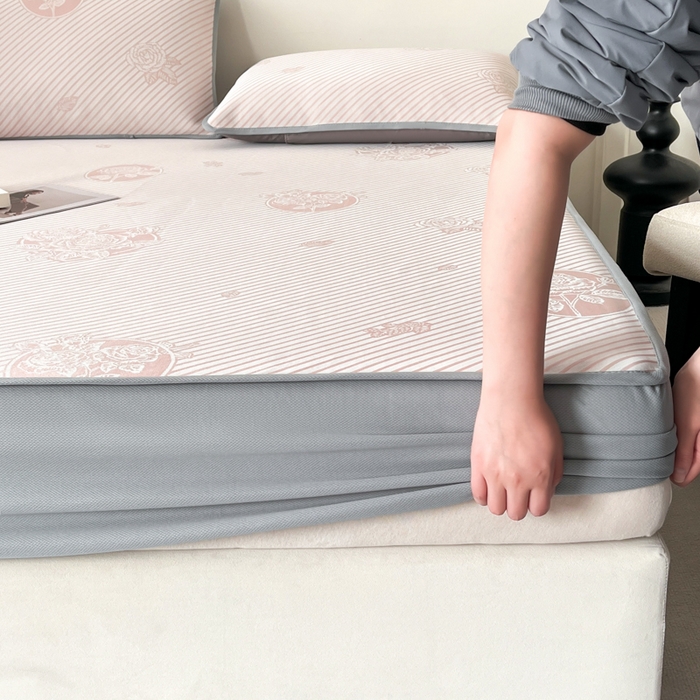 91家纺网 家纺一手货源 找家纺 子曰 2025新款高定版A类PE聚乙烯凉感凉席提花凉席床笠 玫瑰-粉【床笠款】