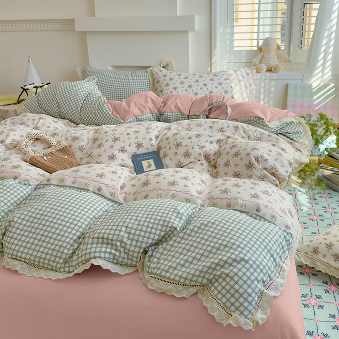 91家纺网 家纺一手货源 找家纺 竹合家纺 2025新款春日碎花法式镂空花边款式提花皱皱四件套 法式-花束蛋糕