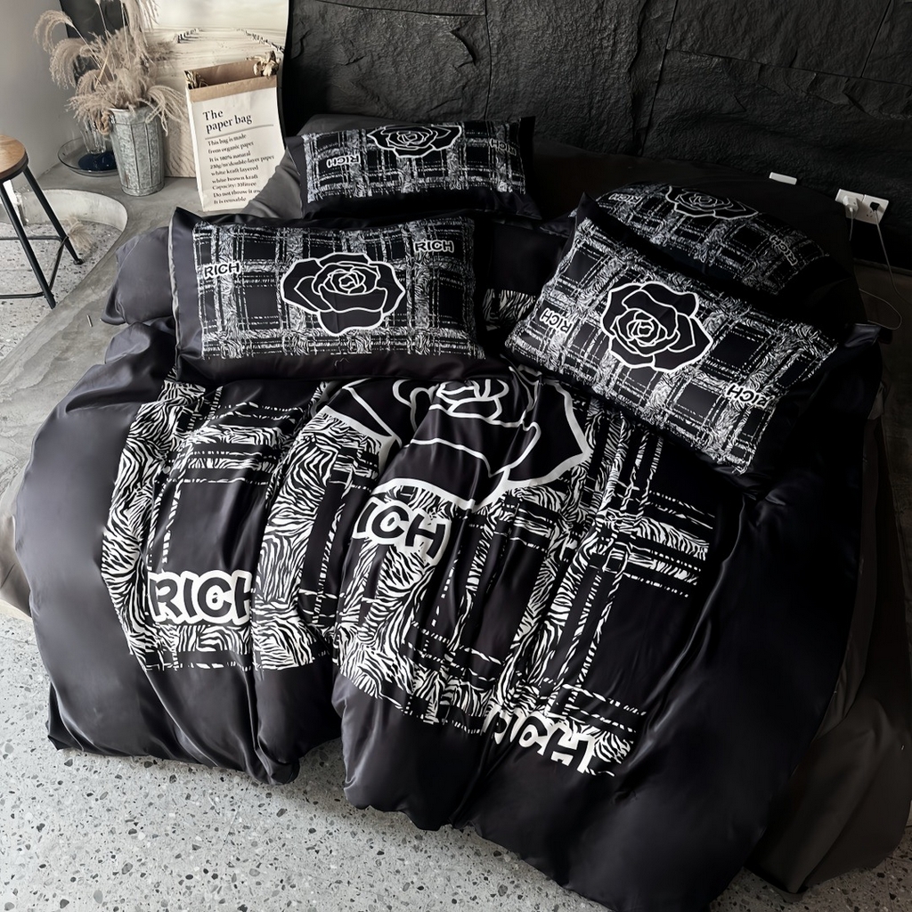 91家纺网 家纺一手货源 找家纺 丽斐纺织  2025新款水洗冰丝数码印花四件套 黑山茶