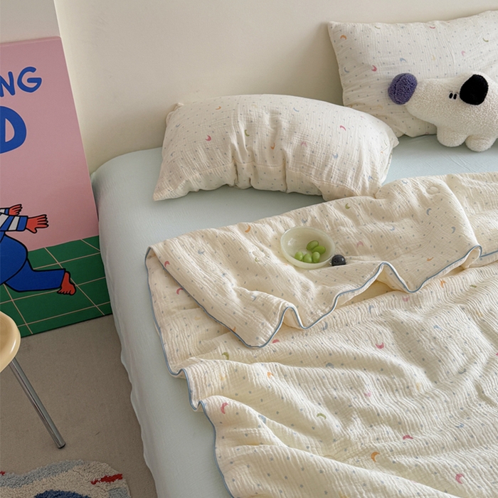 91家纺网 家纺一手货源 找家纺 萝莉家纺 2025新款软软糯糯双层皱皱纱单夏被 夏被四件套 星星月亮