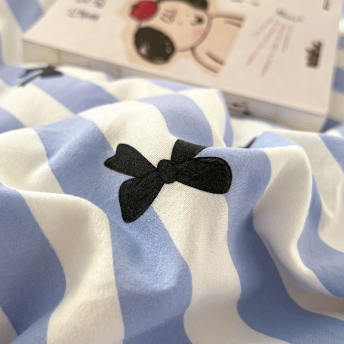 91家纺网 家纺一手货源 找家纺 2025水洗棉花边四件套_9067 蝴蝶结-条纹蓝