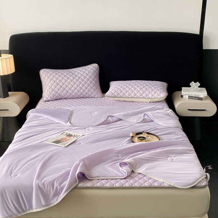 91家纺网 家纺一手货源 找家纺 欧邦 2025新款加厚纯色凉席四件套--夏被四件套 方格-浅紫