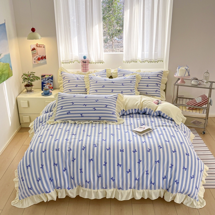 91家纺网 家纺一手货源 找家纺 2025水洗棉花边四件套_9067 蝴蝶结-条纹海蓝